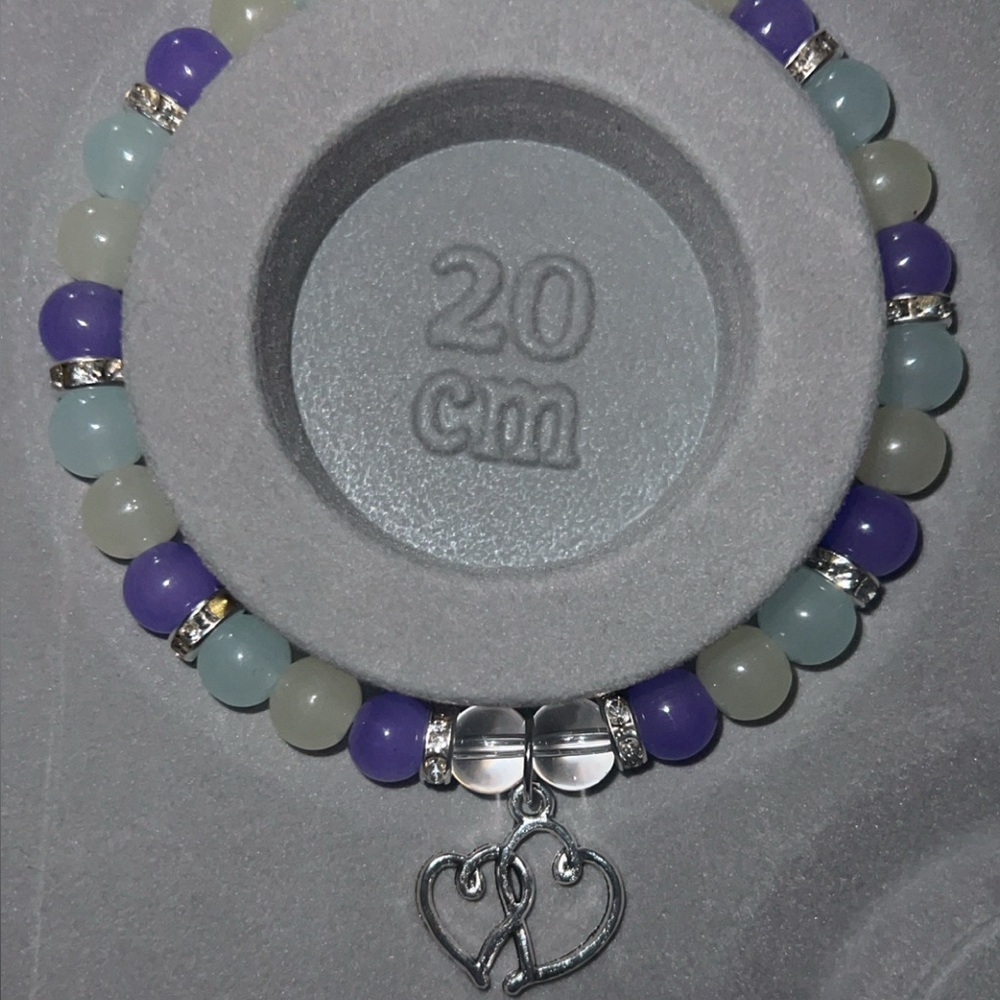 Silver Heart Charm ankle Bracelet with Purple and Cream Beads
